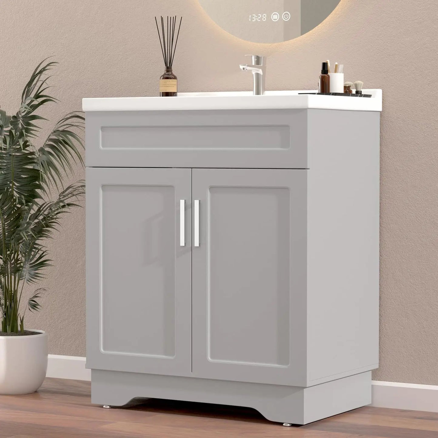 Bathroom Vanity With Ceramic Sink Wood Cabinet Large Storage Space