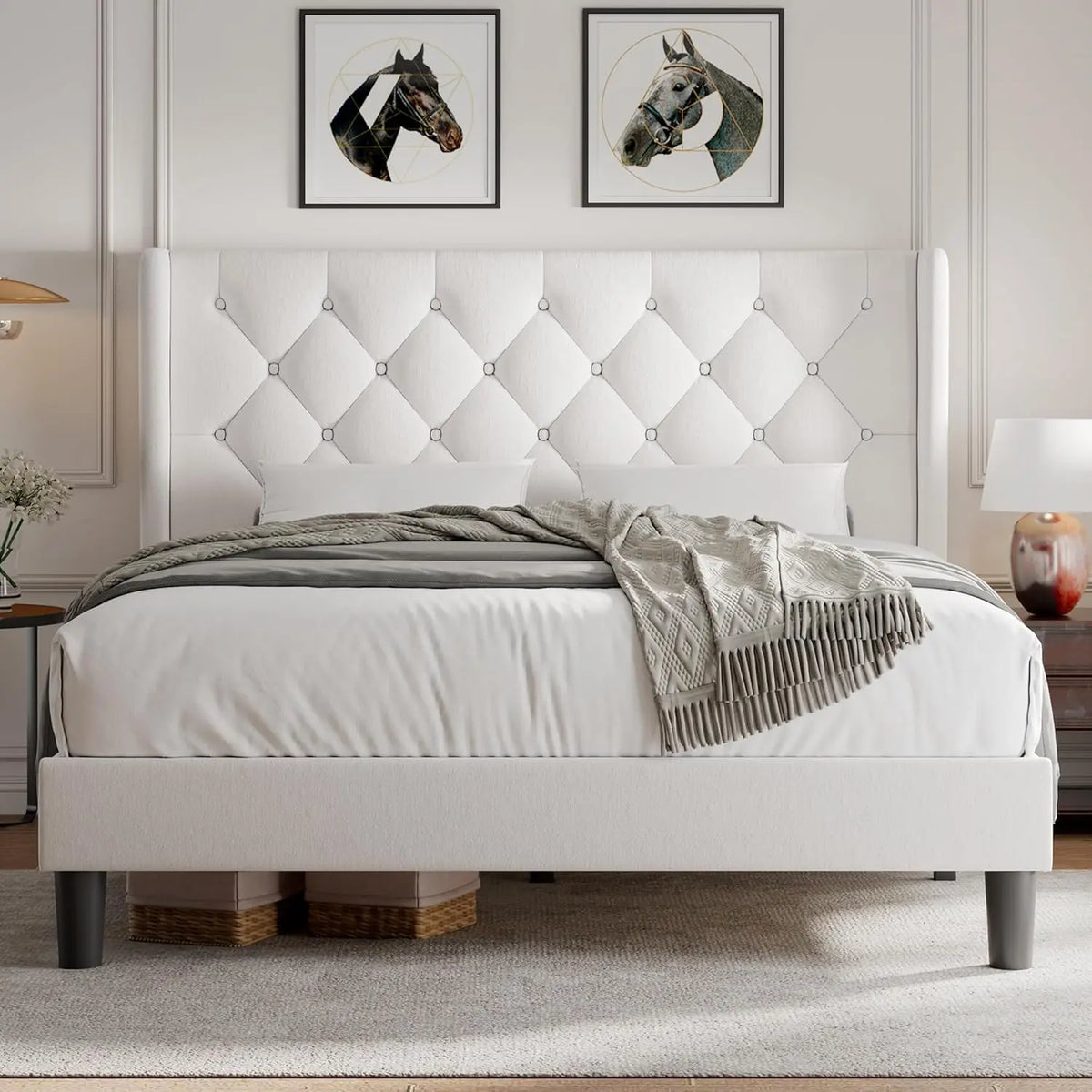 Velvet Platform Bed With Button Tufted Upholstered Frame Wooden Slats