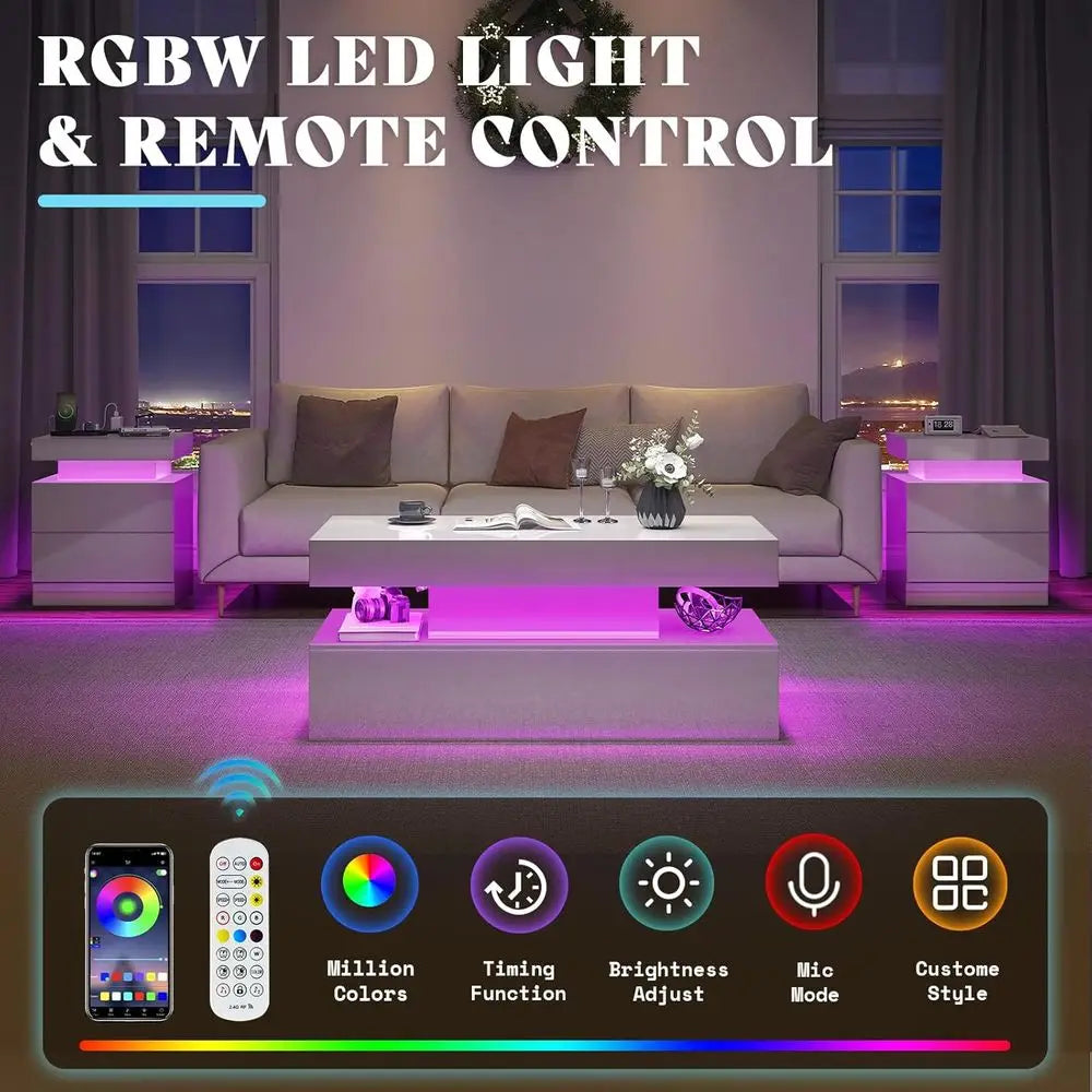 Modern LED Illuminated Living Room Table Set With Charging Station