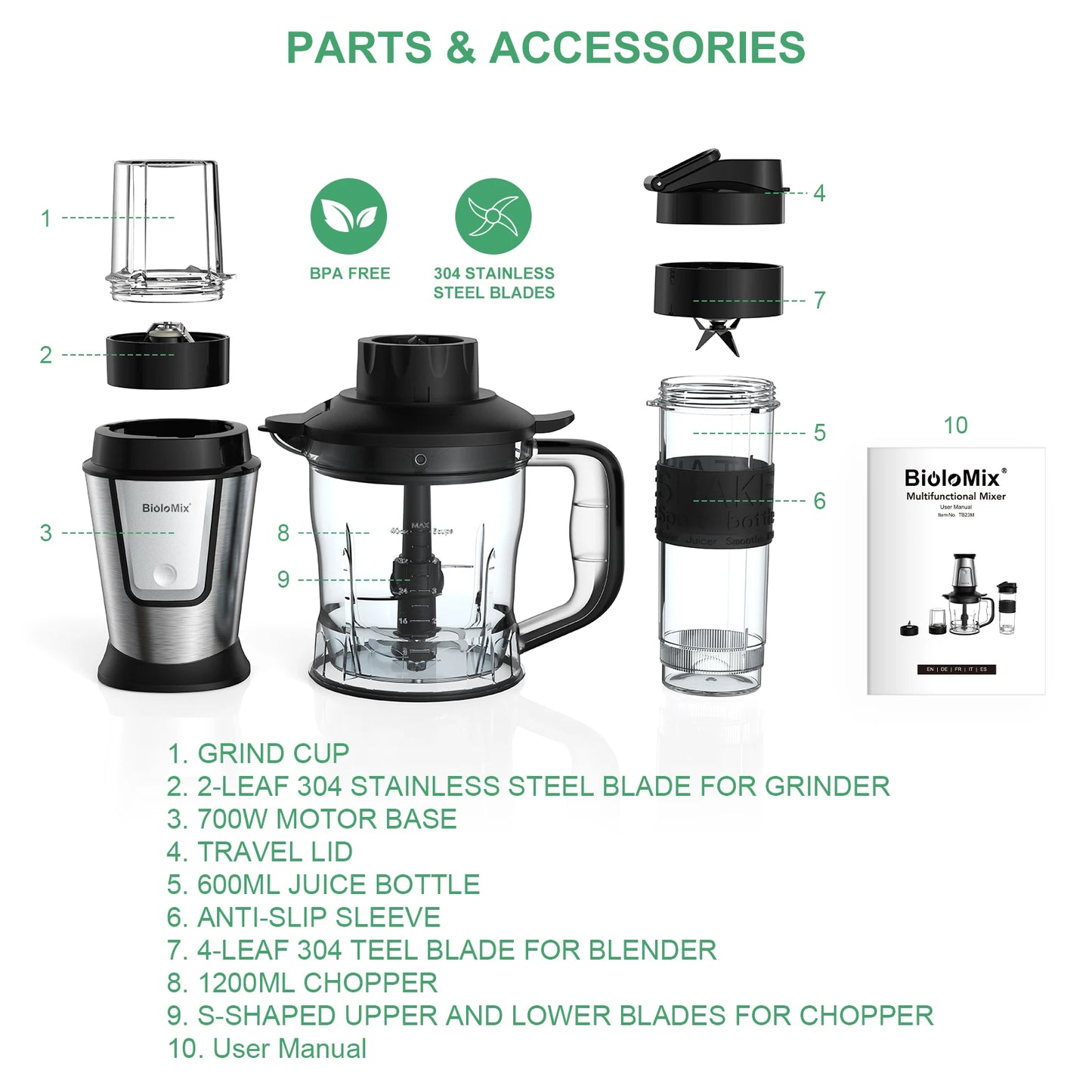 Biolomix 3-In-1 Multifunctional Food Processor 700W Juicer Blender