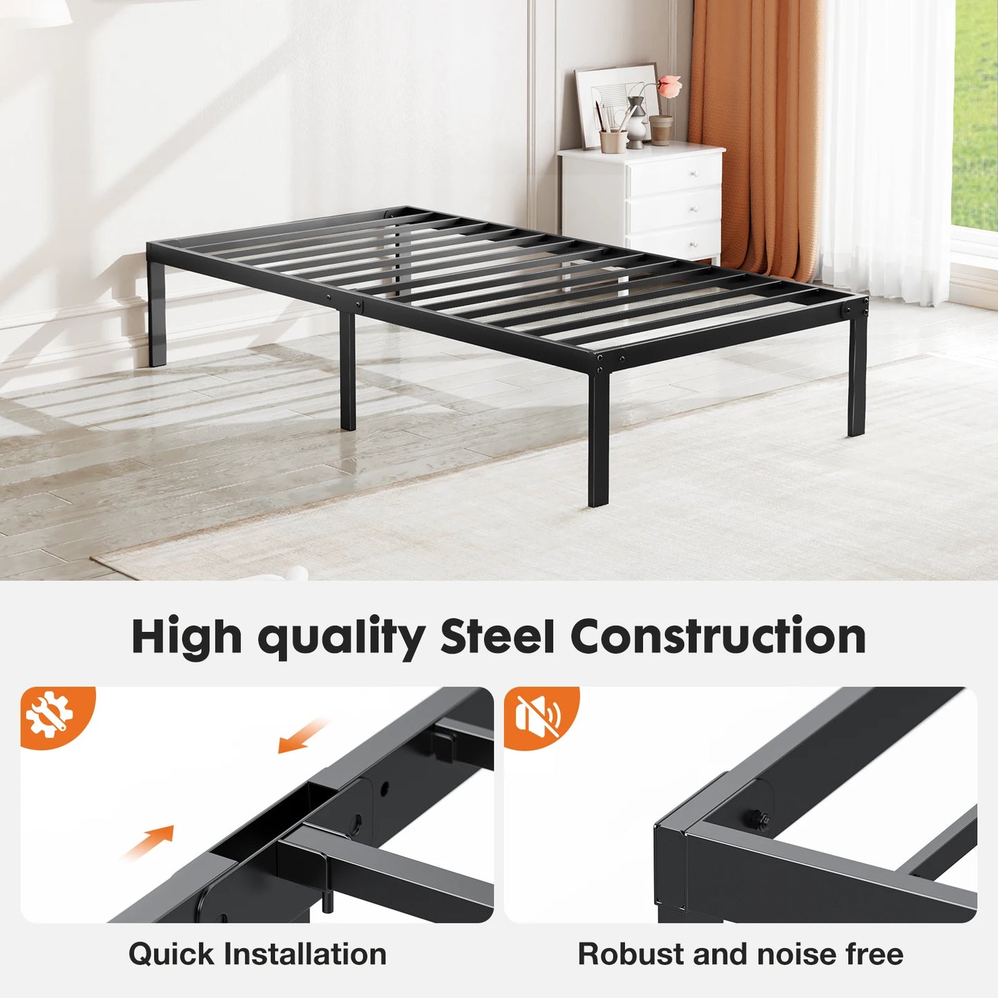 JHK Steel Bed Frame With Slat Support