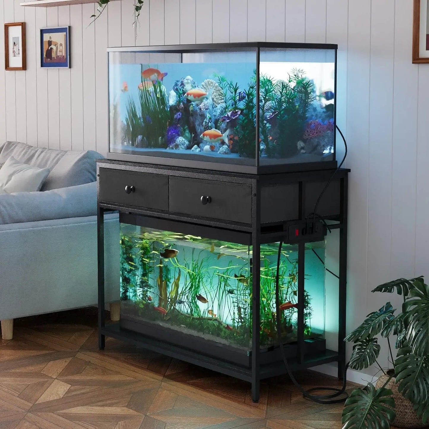 Aquarium Stand With Power Outlet And Metal Frame Cabinet Storage
