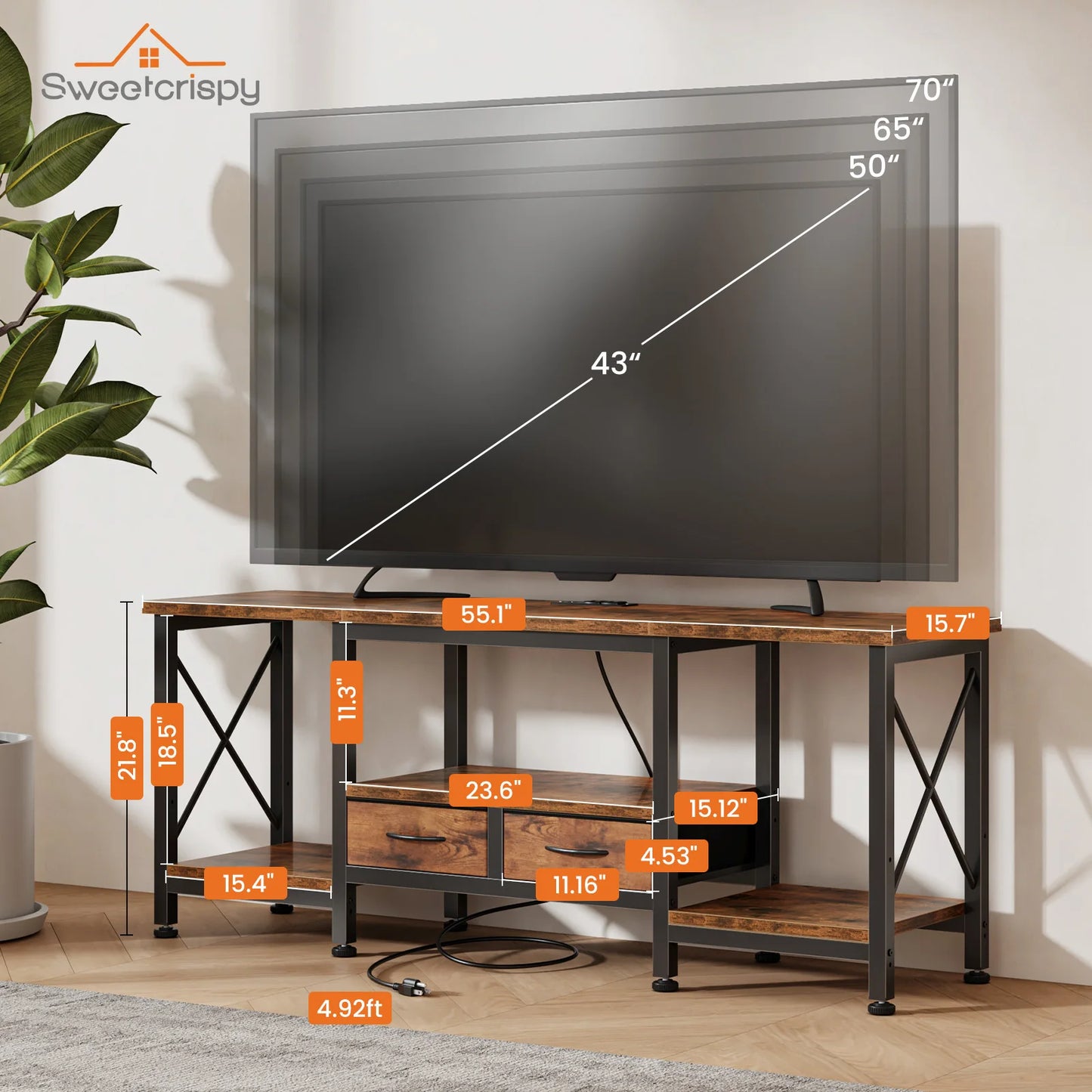 JHK Wooden TV Stand With Drawers And Charging Station