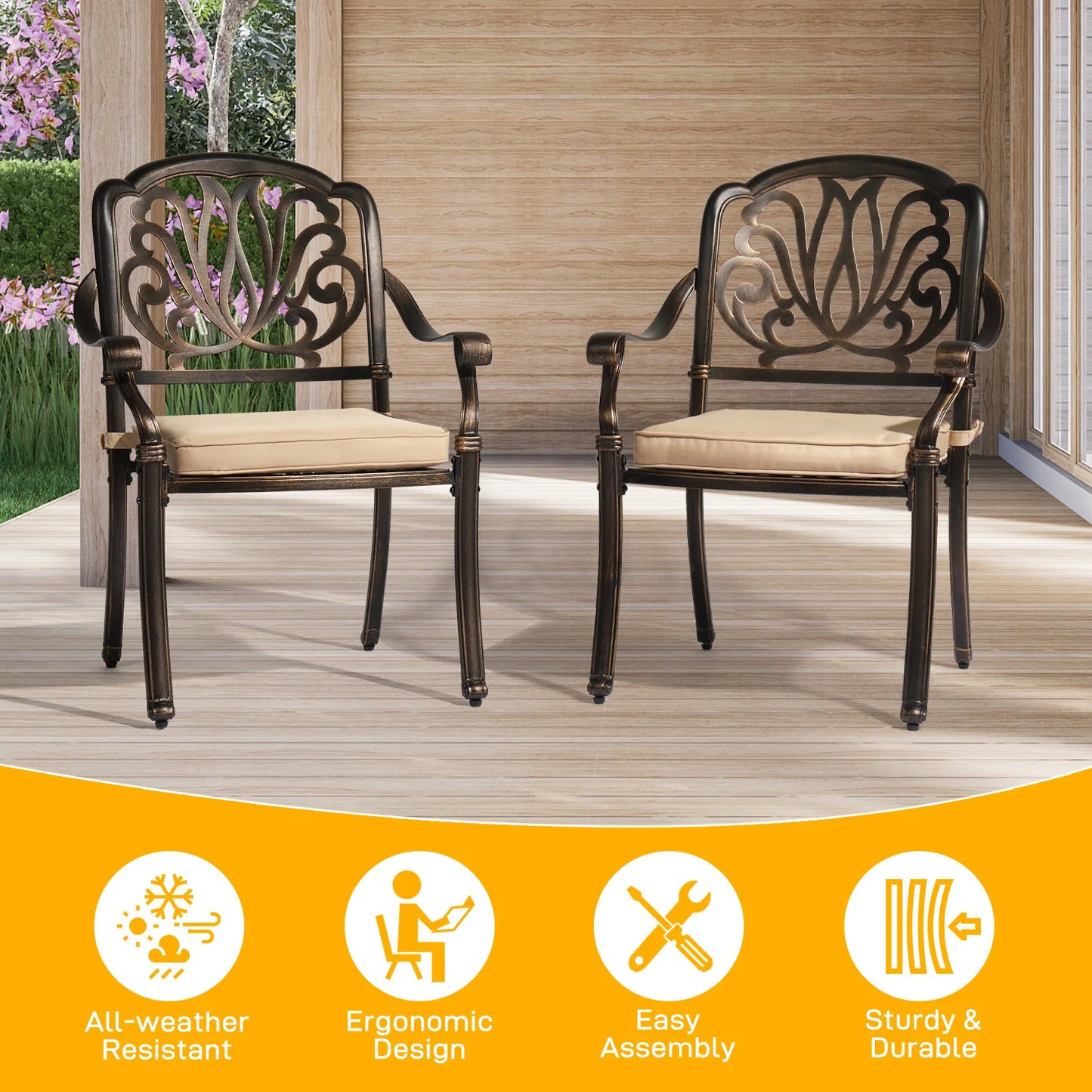 Cast Aluminum Patio Dining Chairs With Cushions Stackable Outdoor Bistro