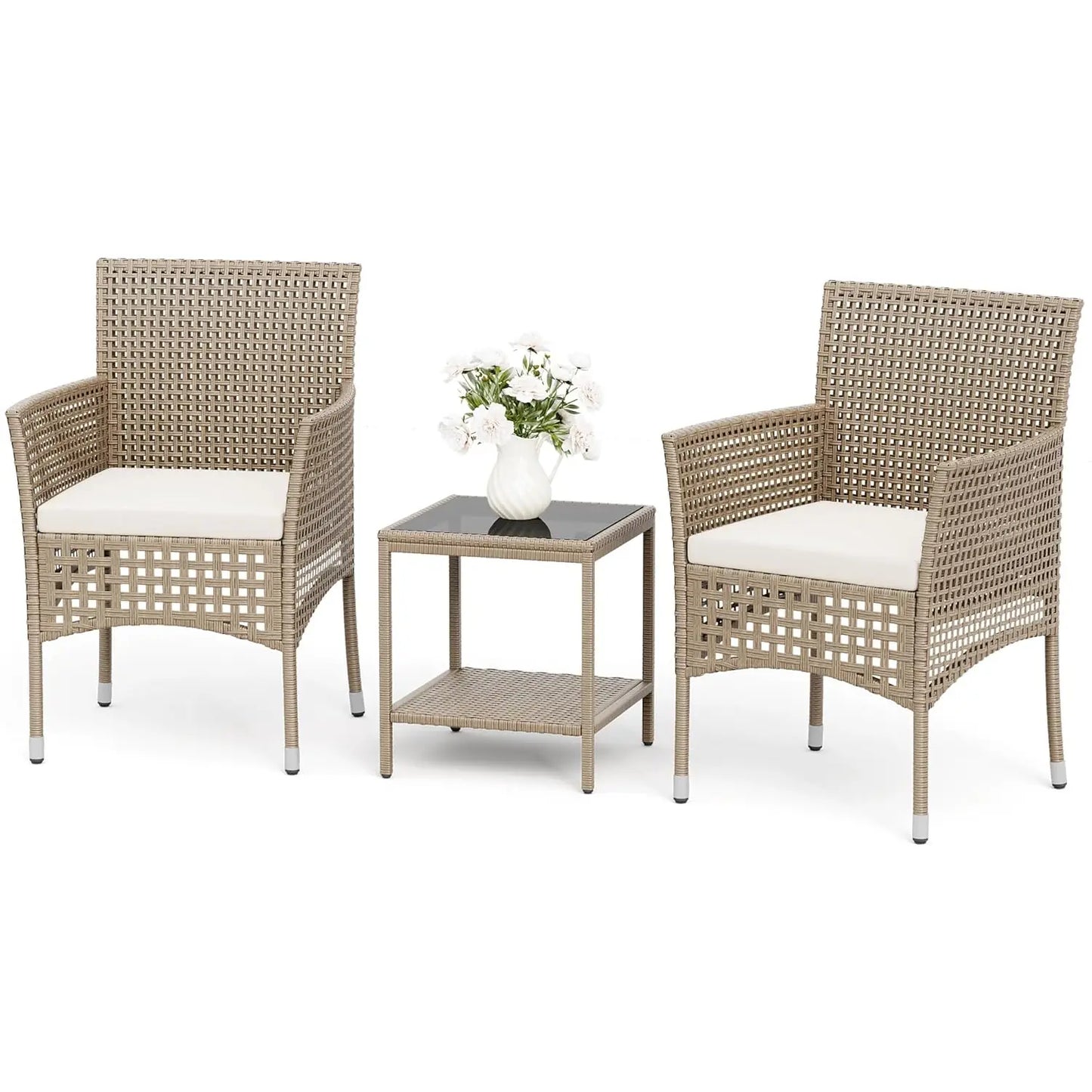 Outdoor 3 Piece Wicker Patio Set With Glass Top Coffee Table