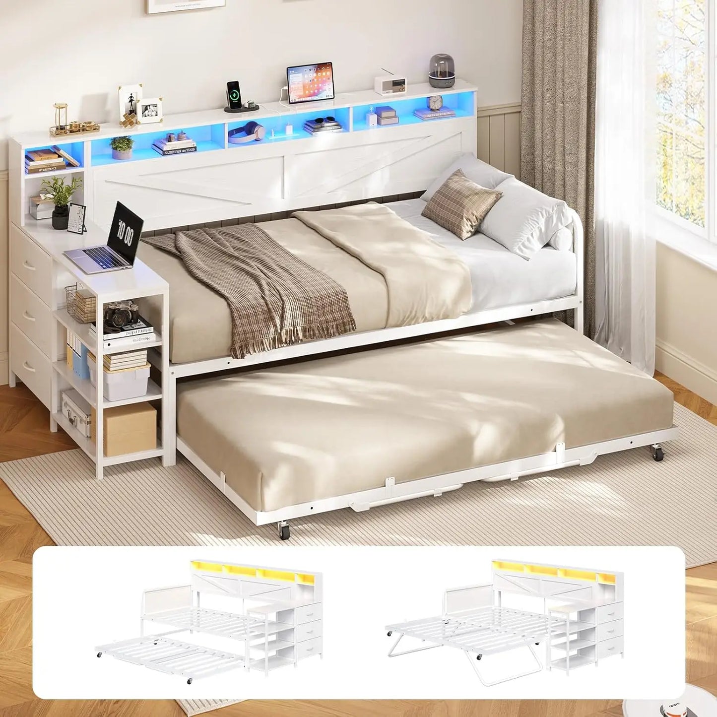 BIANXIANG Daybed With Trundle And 3 Storage Drawers Headboard Farmhouse
