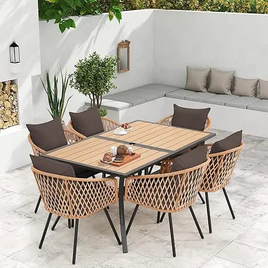 All-Weather Rattan Patio Dining Set With Wood Table And Umbrella Hole