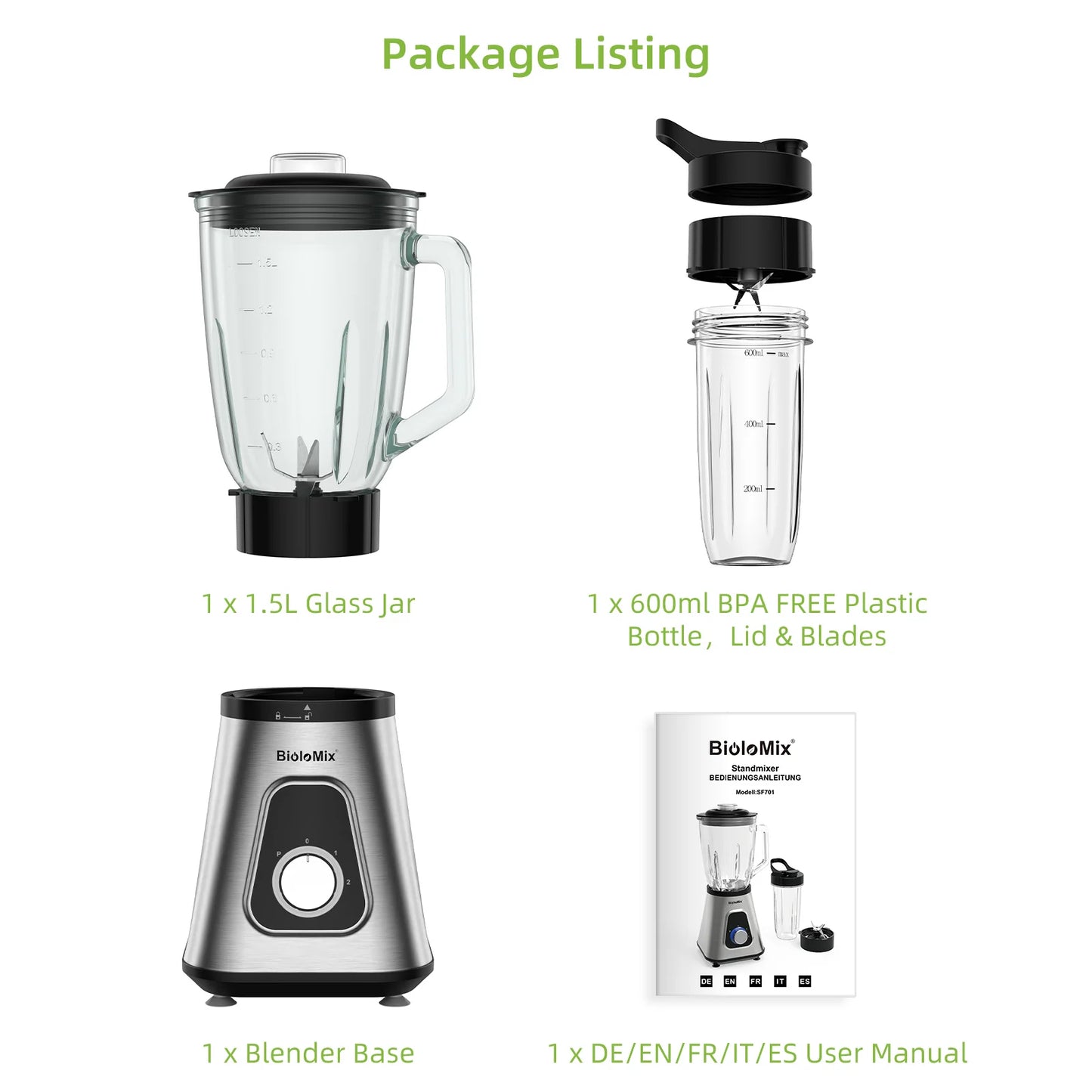 Biolomix 1300W Smoothie Maker With 1.5L Glass Jar Kitchen