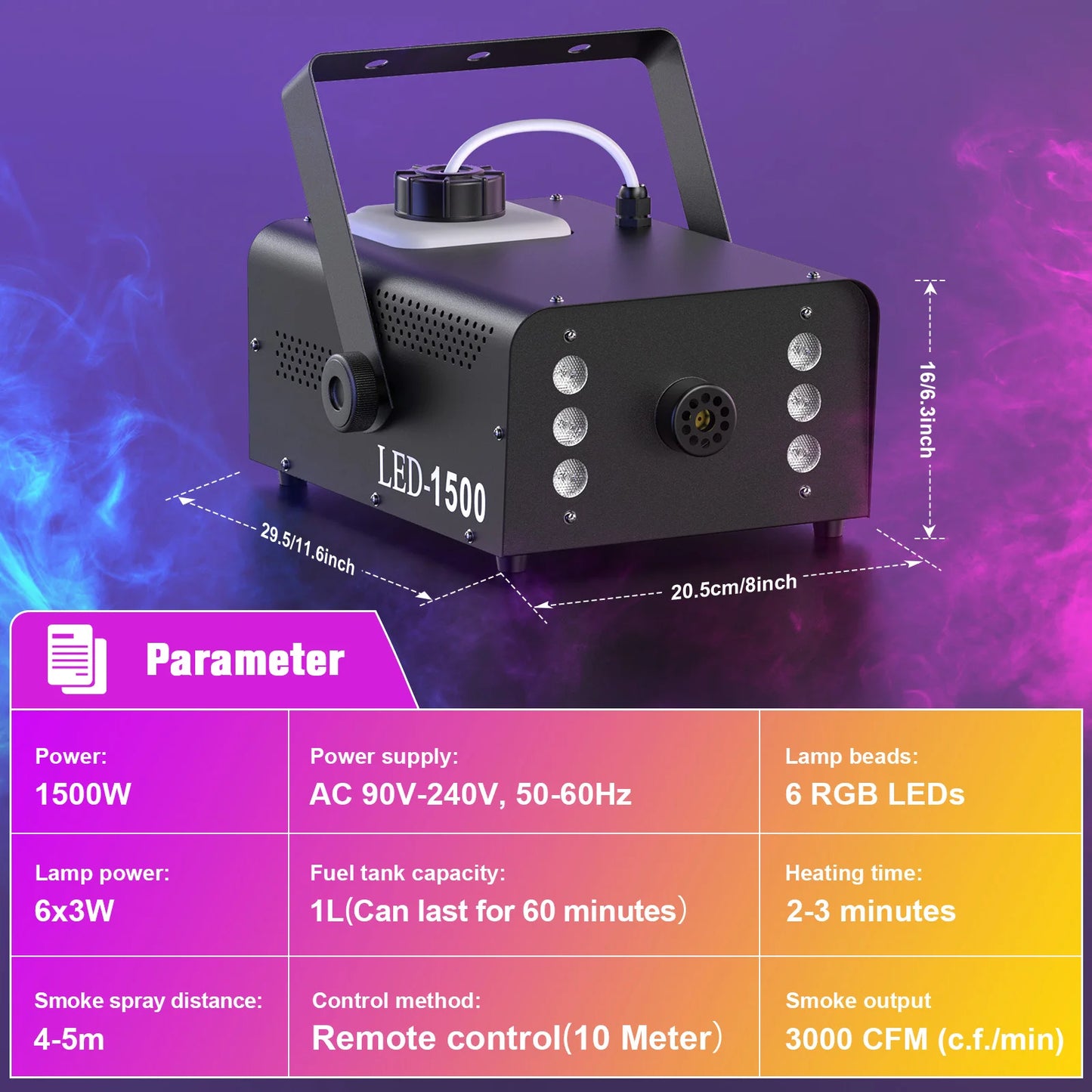 U'King 1500W Smoke Machine With 6 RGB LEDs And Remote Control