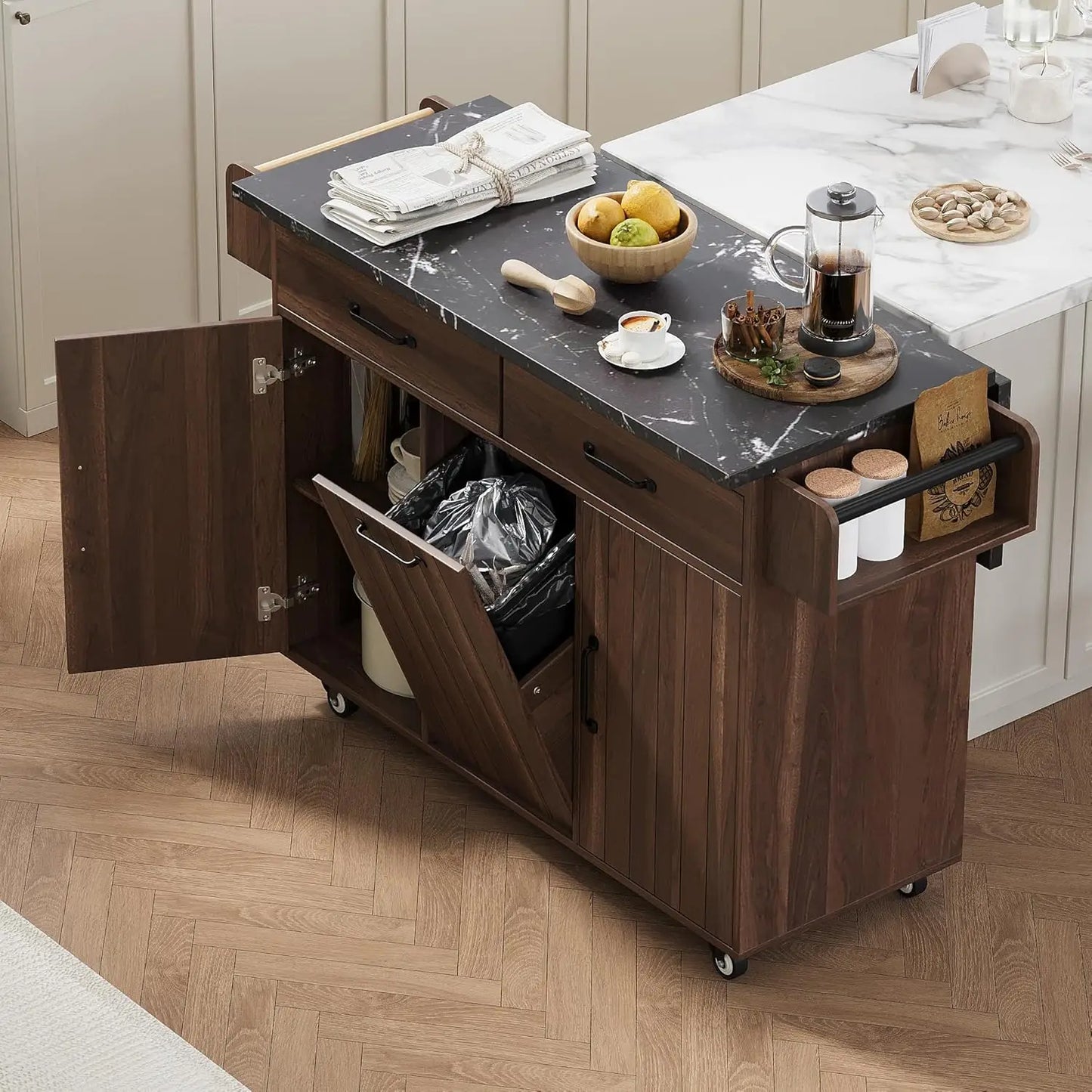Fluted Rolling Kitchen Island With Power Outlet And Drop Leaf