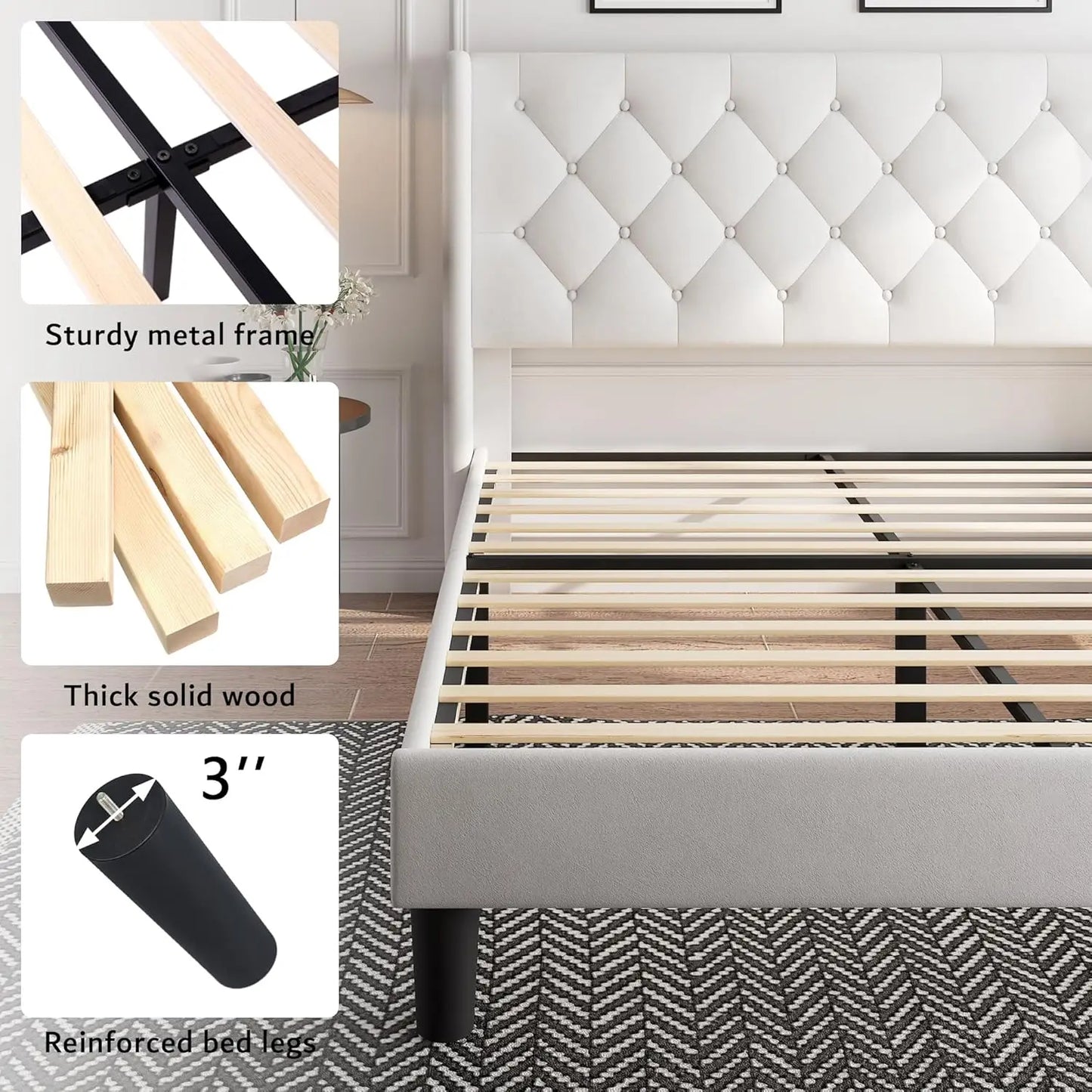 Queen Velvet Platform Bed With Button Tufted Upholstery And Wood Slats