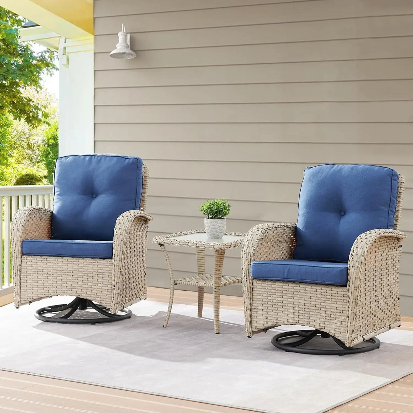 Wooden Outdoor Wicker Patio Swivel Rocker Glider Chairs Set With Side Table