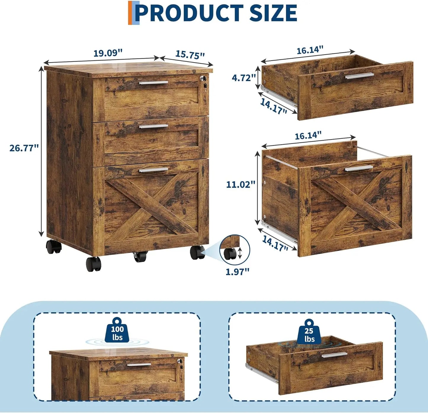 HiMISS 3-Drawer Rolling File Cabinet With Lock For Office