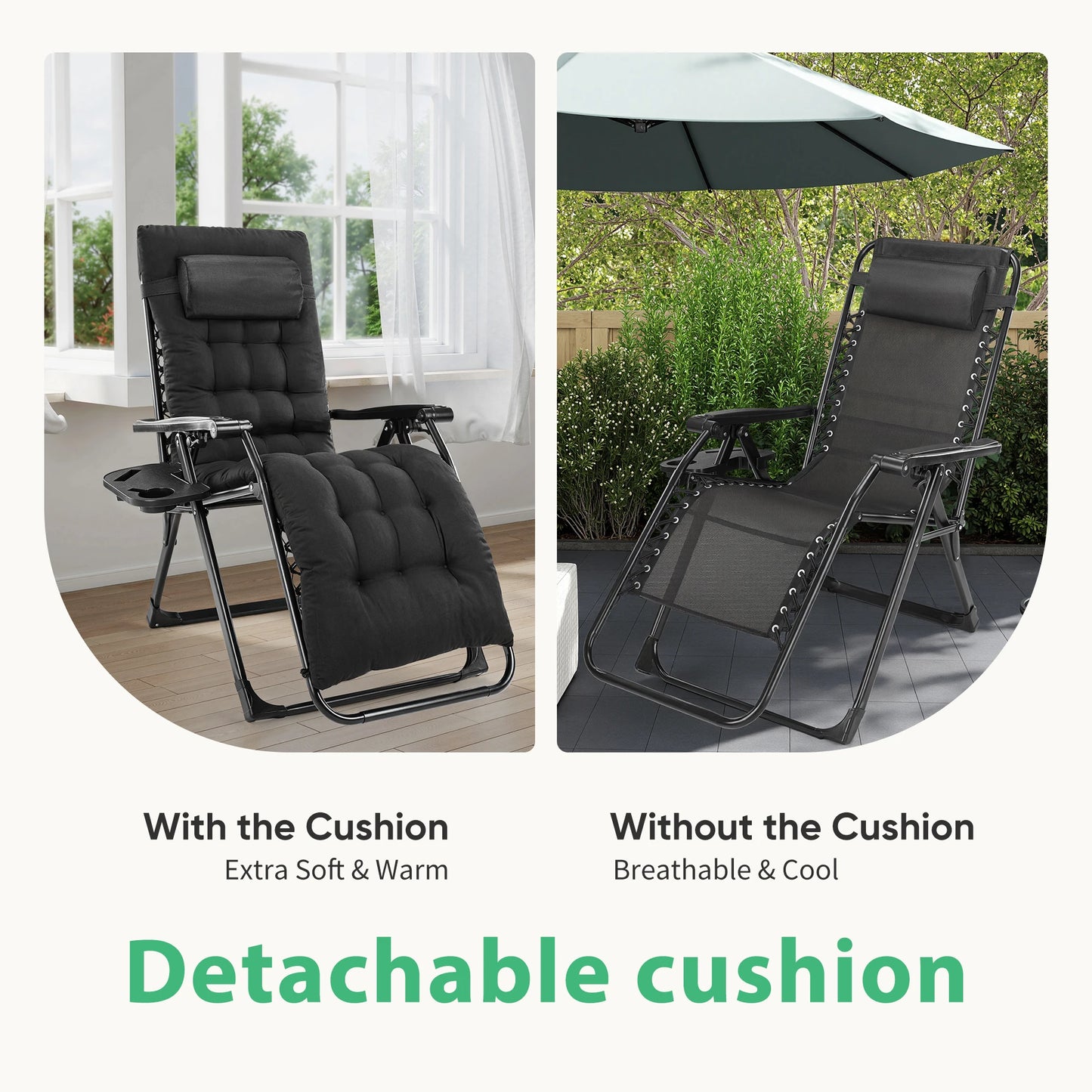 JHK Zero Gravity Portable Recliner With Cup Holder Trays