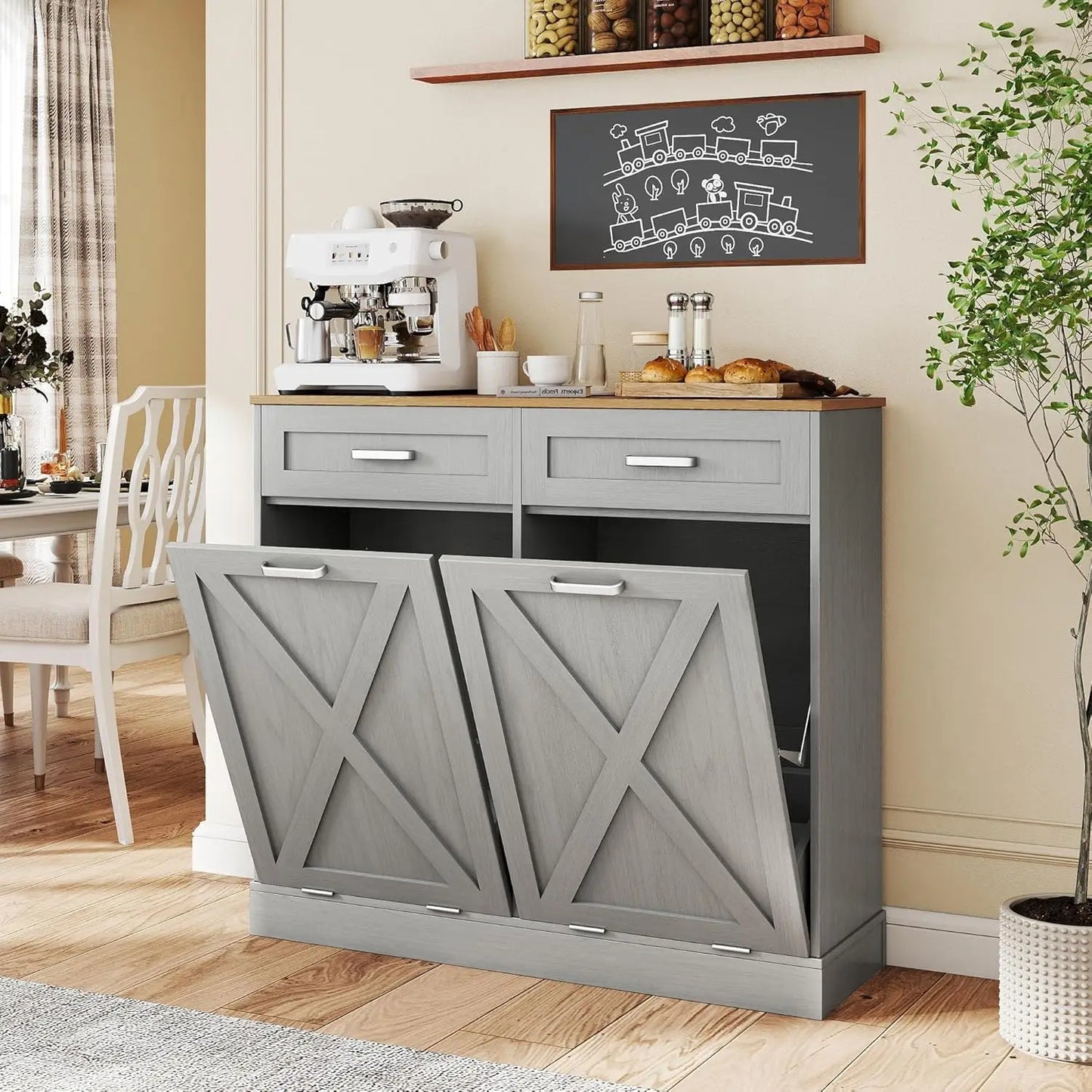 Double Tilt Out Trash Can Cabinet With Hidden Storage Drawers