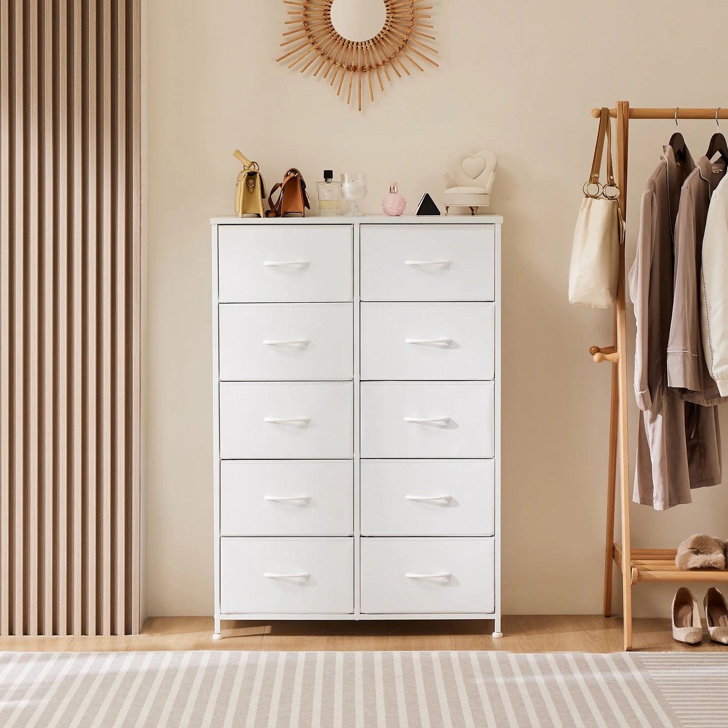 JHK Bedside Table With Fabric Drawers And Metal Frame Wardrobe
