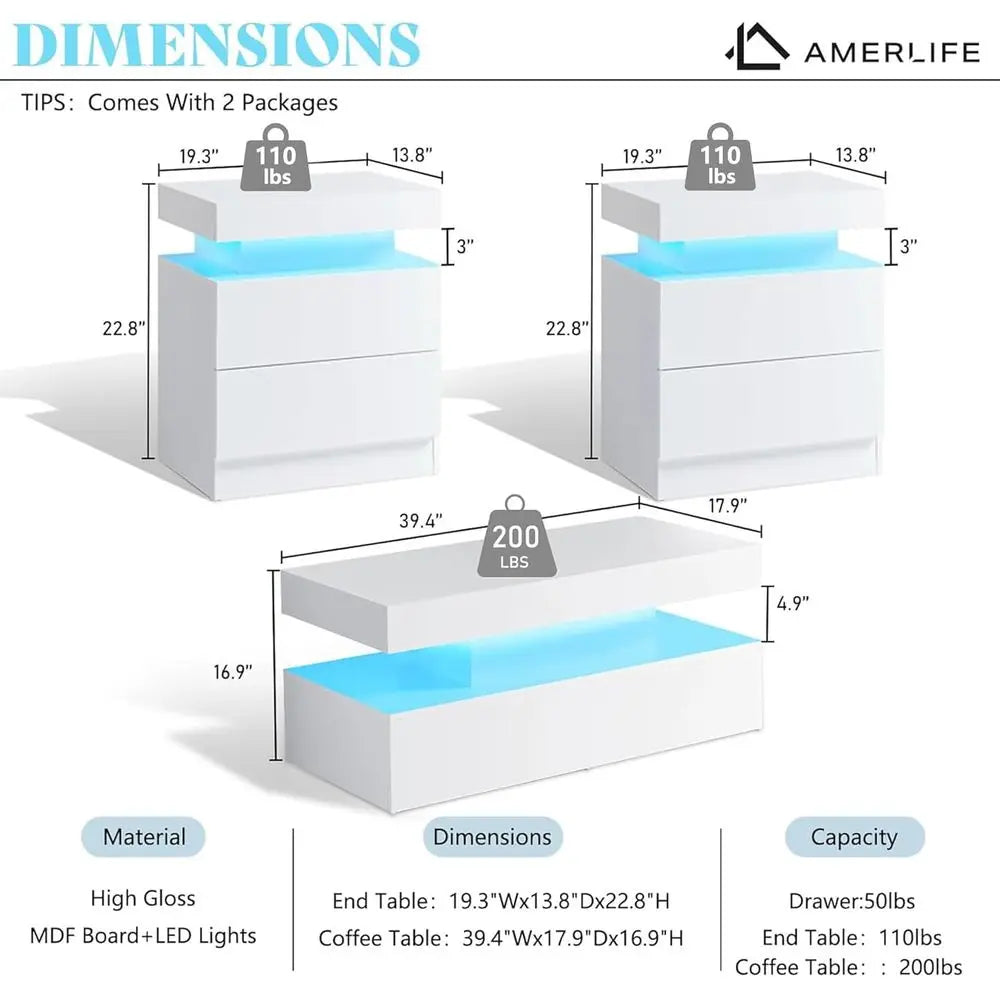 Modern LED Illuminated Living Room Table Set With Charging Station