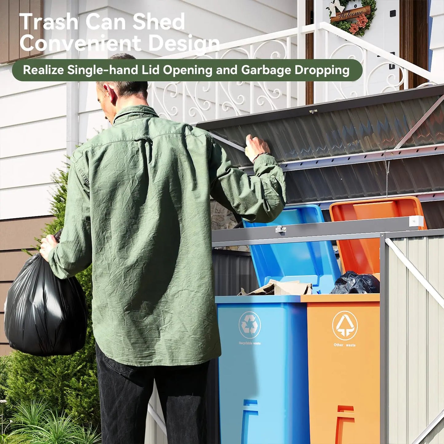 Metal Outdoor Storage Shed With Waterproof 2 Bin Organizer