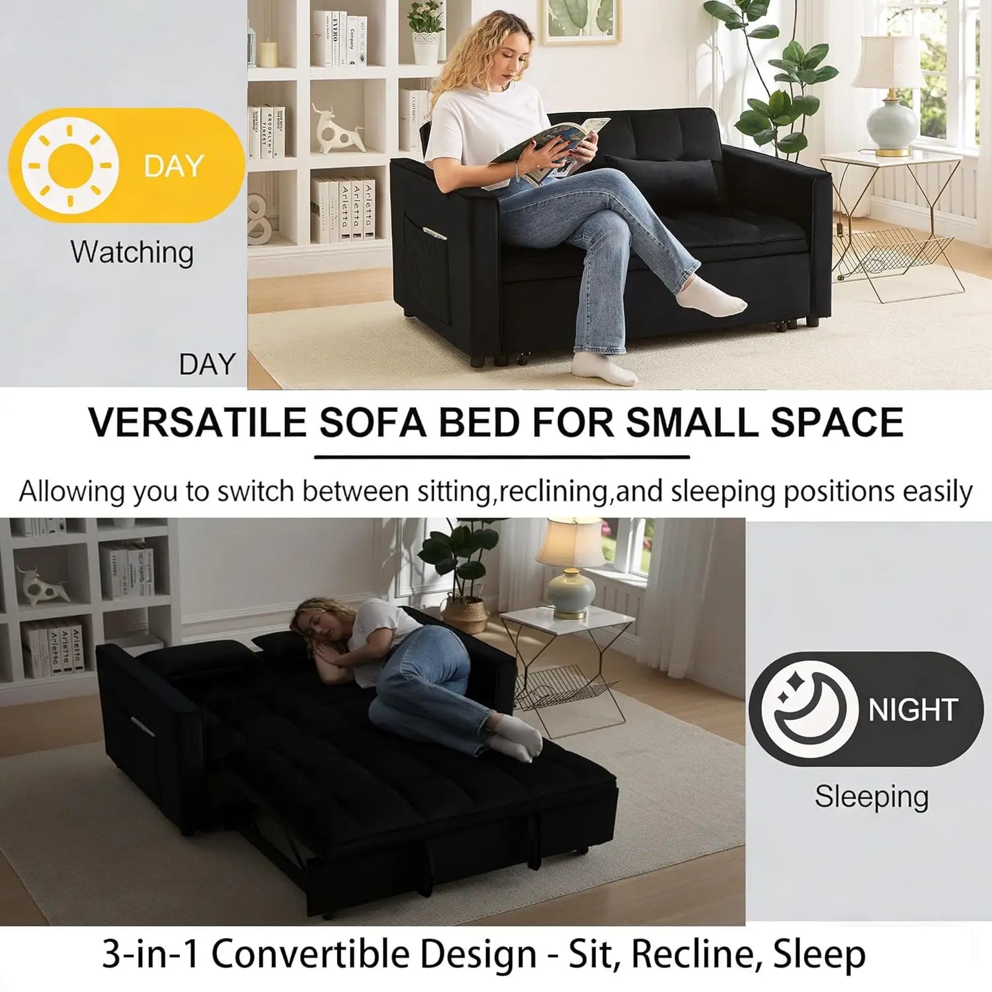 3-In-1 Velvet Sleeper Sofa Bed With Storage Convertible Couch