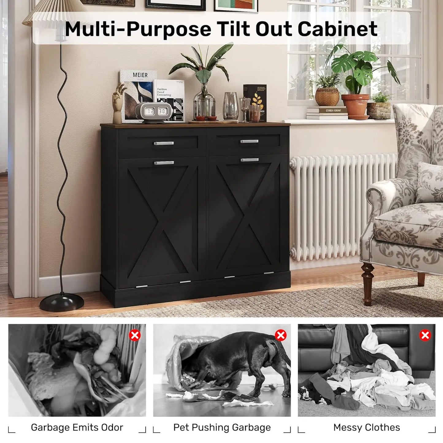 Double Tilt Out Trash Can Cabinet With Hidden Storage Drawers