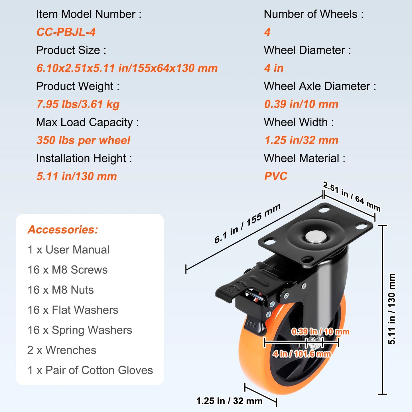 SucceBuy PVC Furniture Caster Wheels Set Of Four Swivel Casters