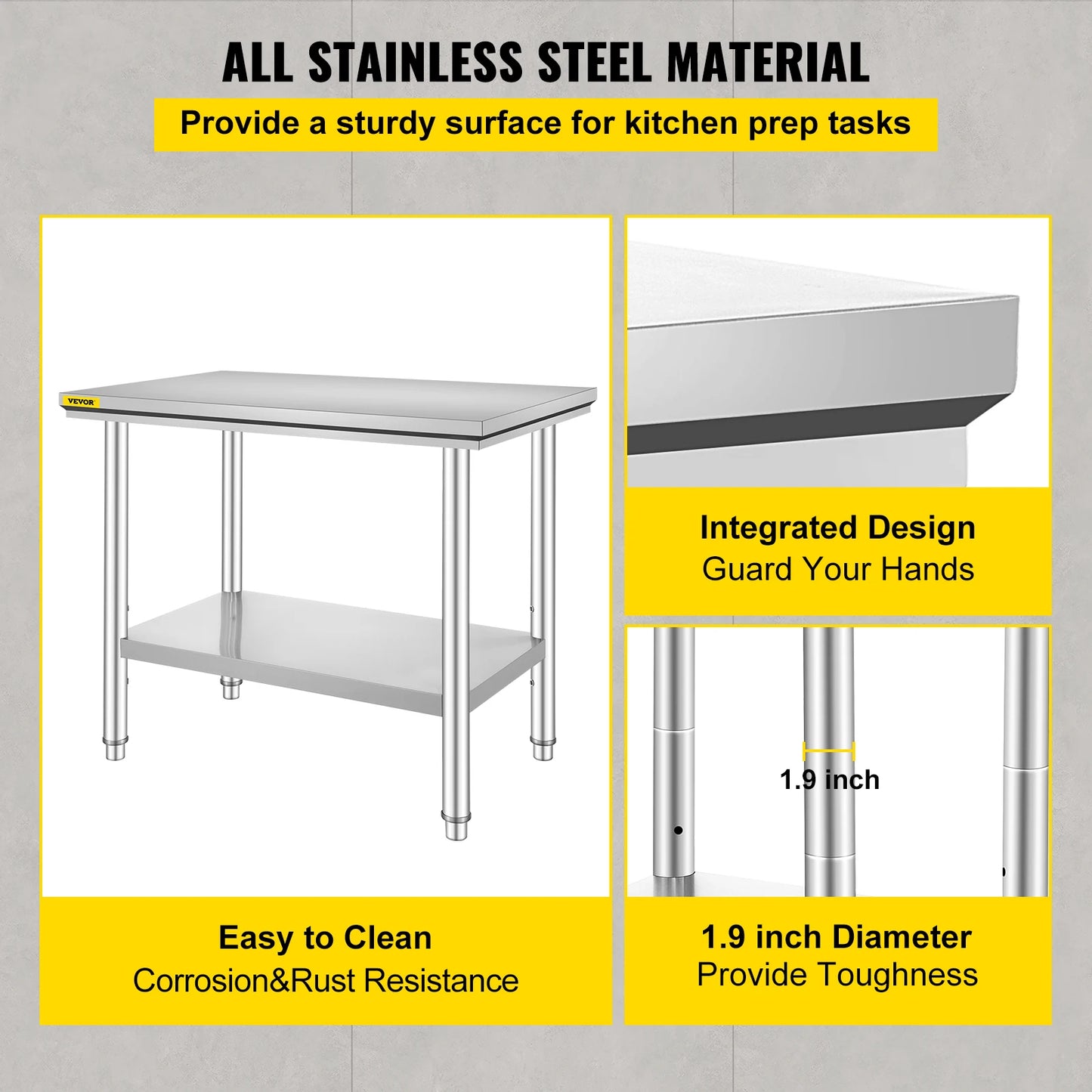 VEVOR Commercial Stainless Steel Kitchen Work Bench With Undershelf