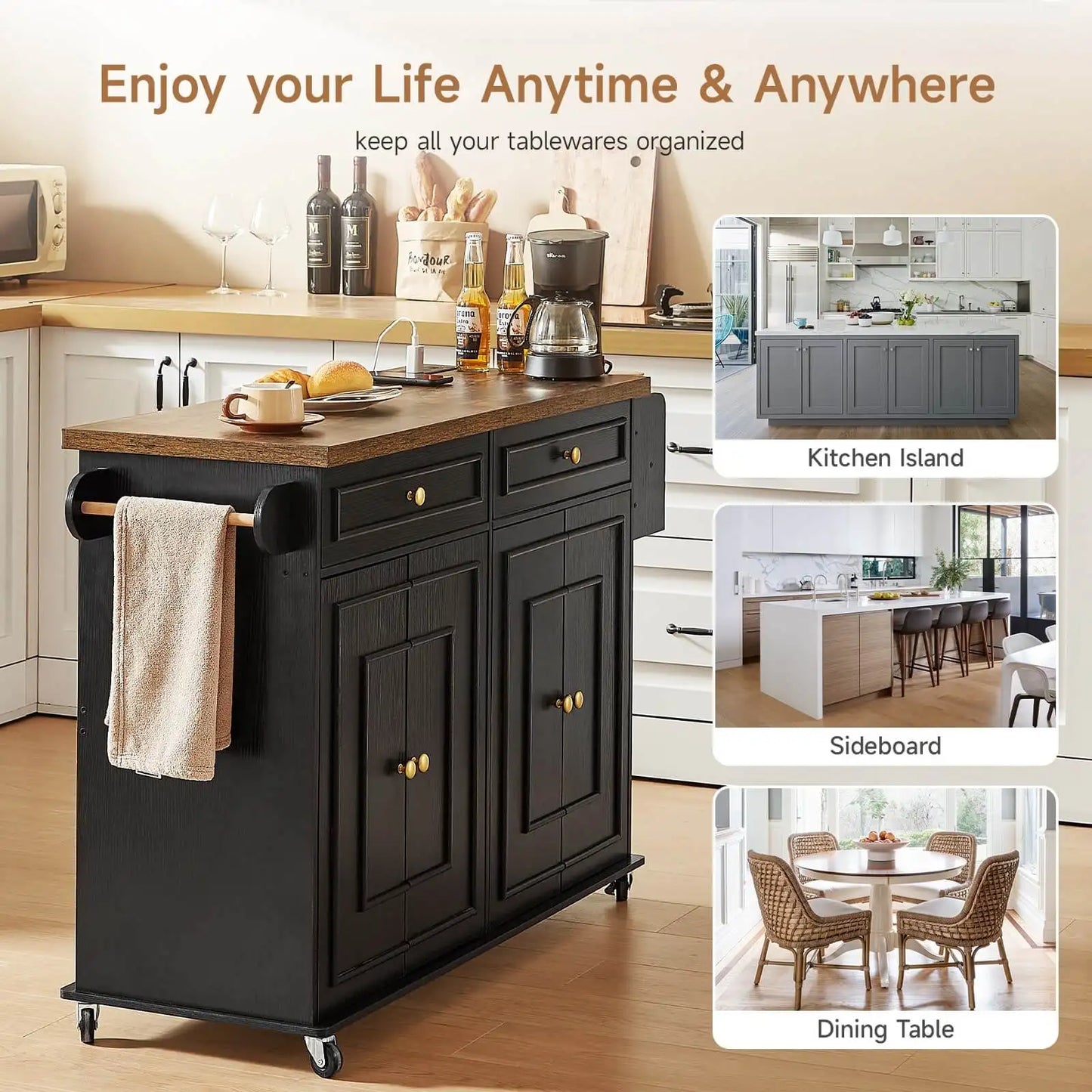 Mobile Kitchen Island Cart With Drop Leaf And Power Outlet
