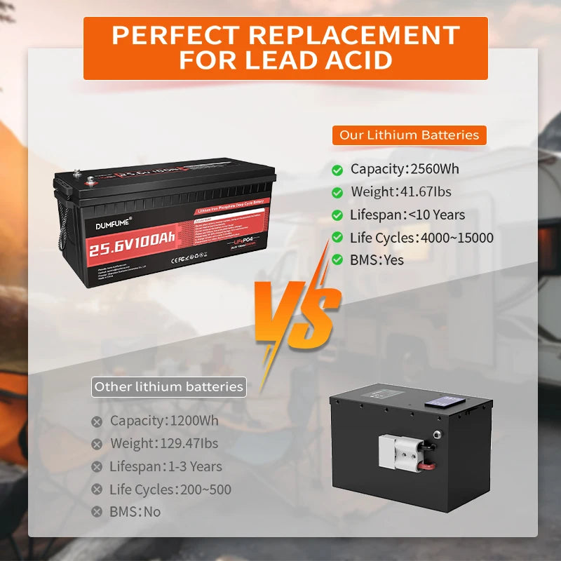 Dumfume 12V 100Ah LiFePO4 Battery With 100A BMS System