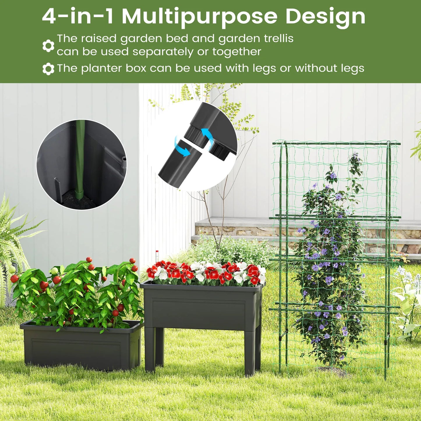 Raised Garden Bed Planter Box With Climbing Trellis Water Indicator