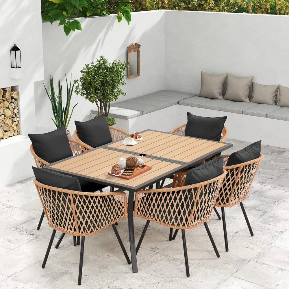 All-Weather Rattan Patio Dining Set With Wood Table And Umbrella Hole