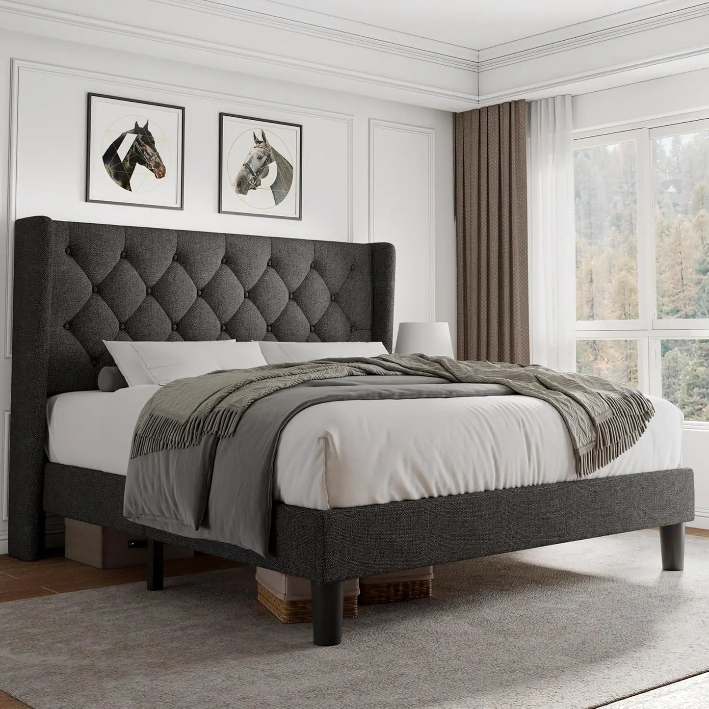 Queen Velvet Platform Bed With Button Tufted Upholstery And Wood Slats