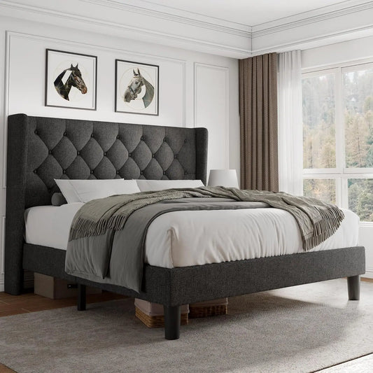 Velvet Platform Bed With Button Tufted Upholstered Frame Wooden Slats