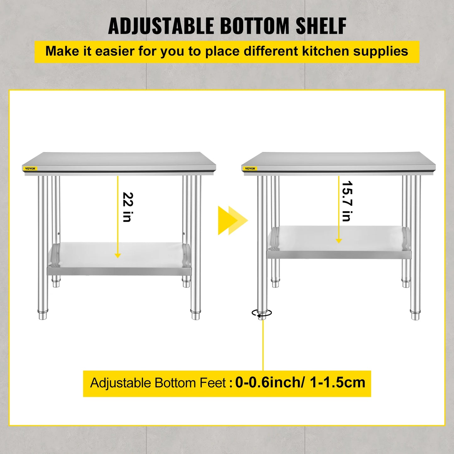 VEVOR Commercial Stainless Steel Kitchen Work Bench With Undershelf