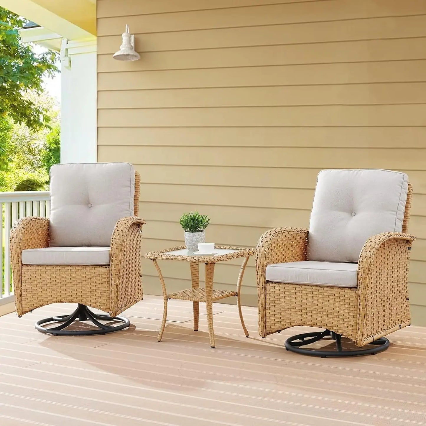 Wooden Outdoor Wicker Patio Swivel Rocker Glider Chairs Set With Side Table