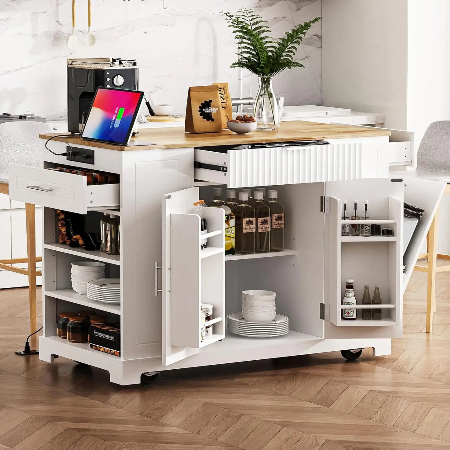 Fluted Rolling Kitchen Island With Power Outlet And Drop Leaf