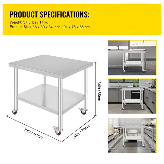 SucceBuy Stainless Steel Kitchen Work Table With Casters For Home