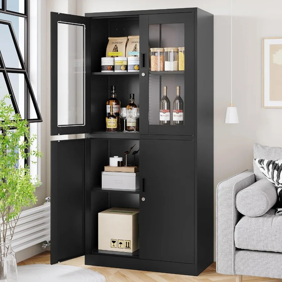 Lockable Metal Storage Cabinet With Glass Doors For Office Use