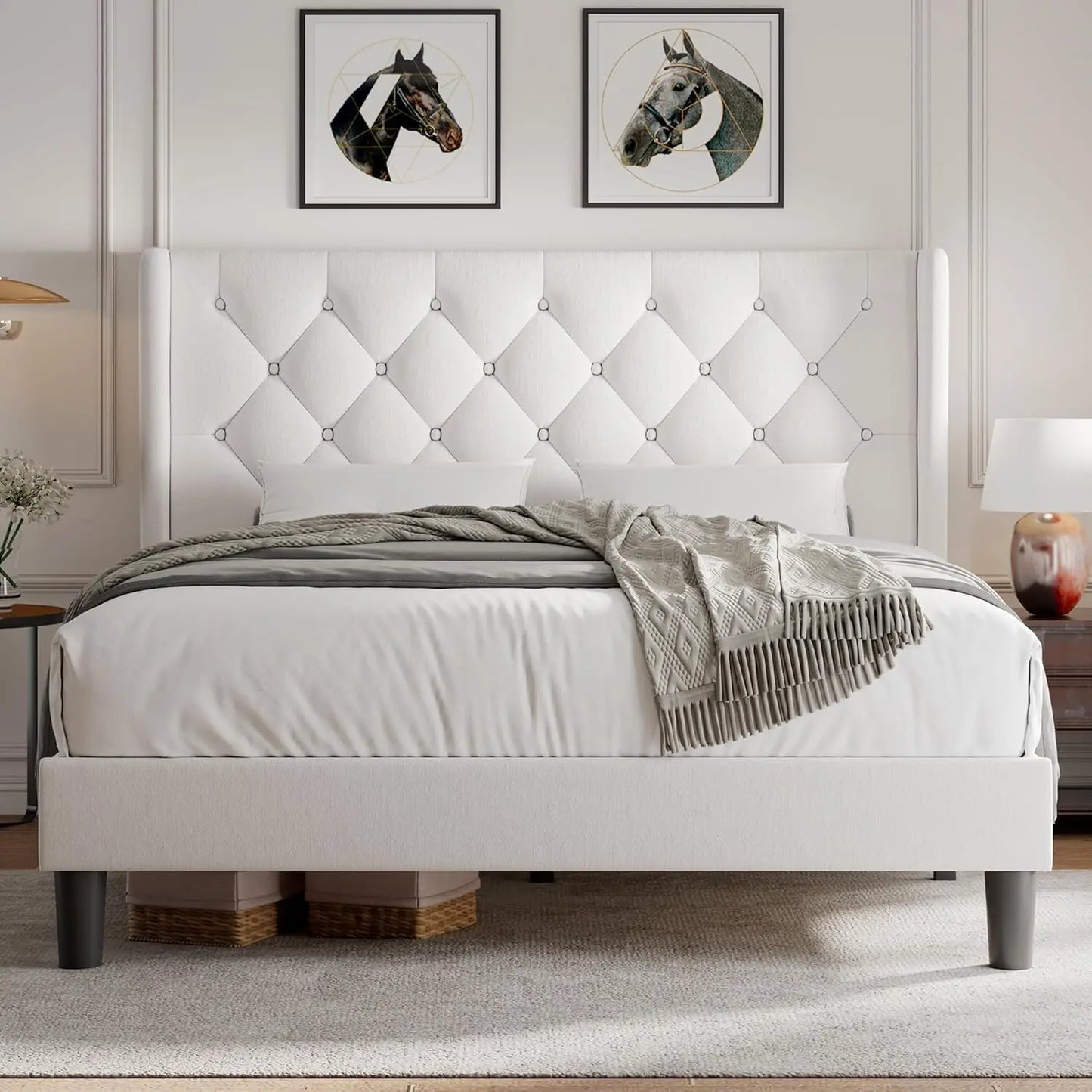 Queen Velvet Platform Bed With Button Tufted Upholstery And Wood Slats