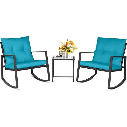3-Piece Wicker Outdoor Rocking Bistro Set With Cushions Coffee Table