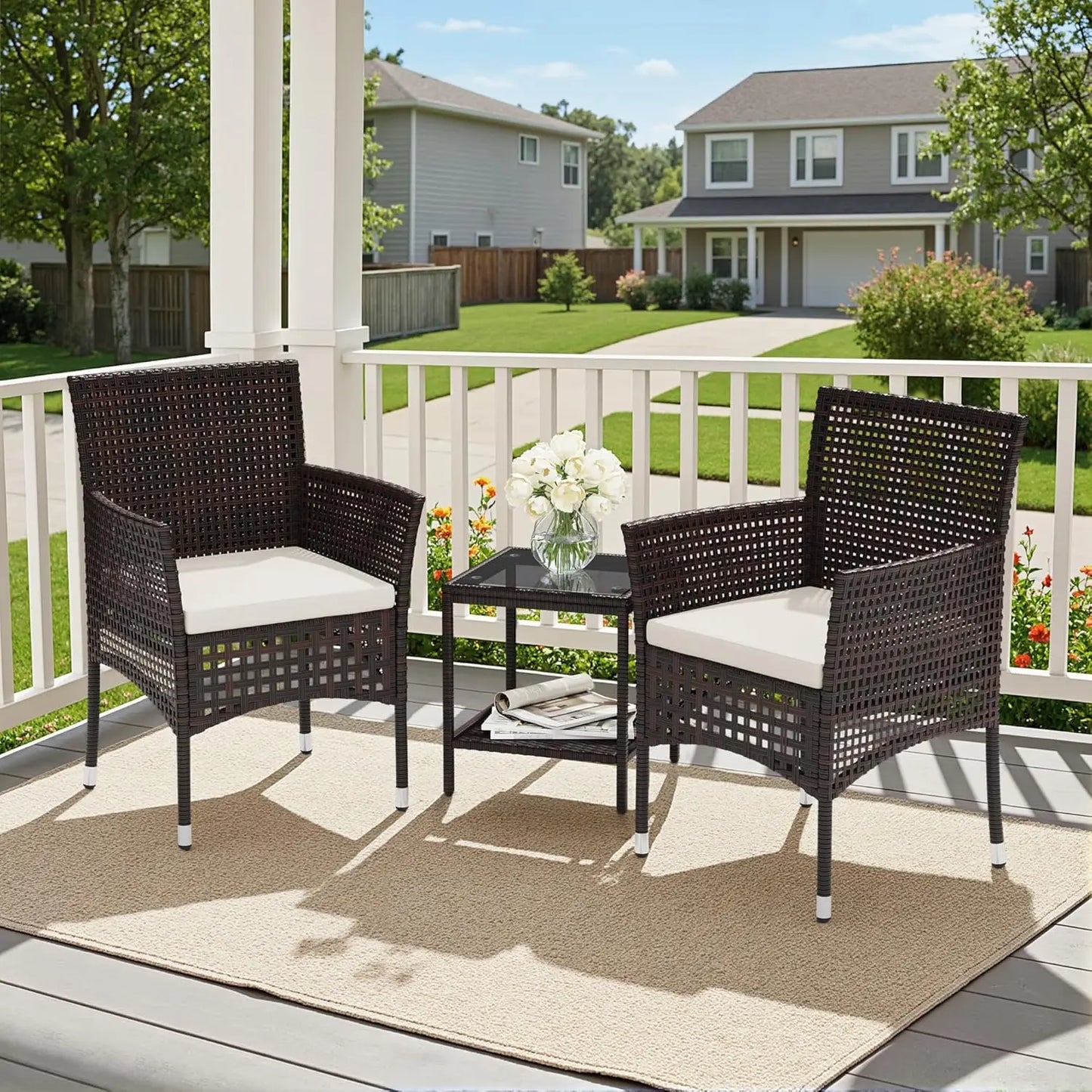 Outdoor 3 Piece Wicker Patio Set With Glass Top Coffee Table