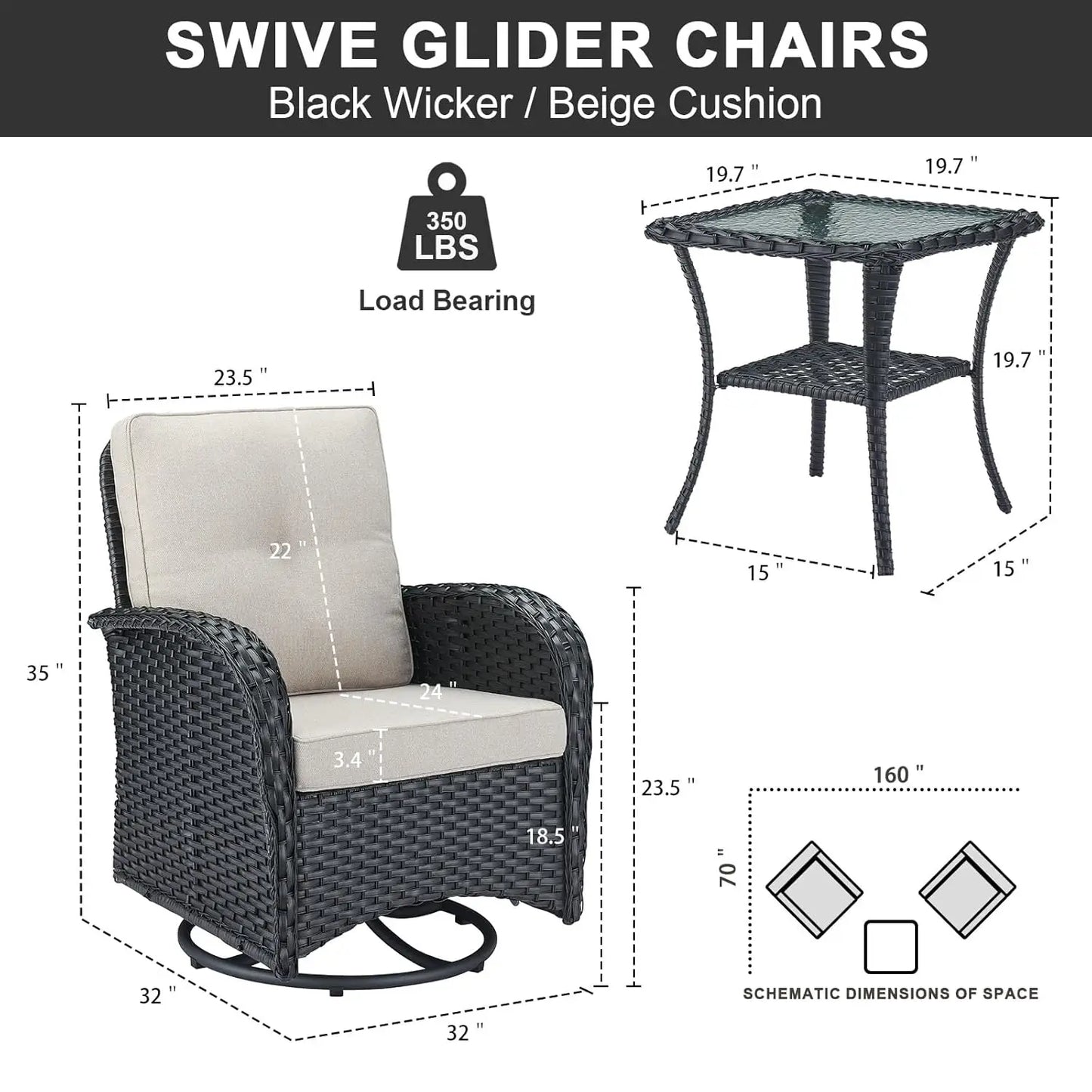 Wooden Outdoor Wicker Patio Swivel Rocker Glider Chairs Set With Side Table