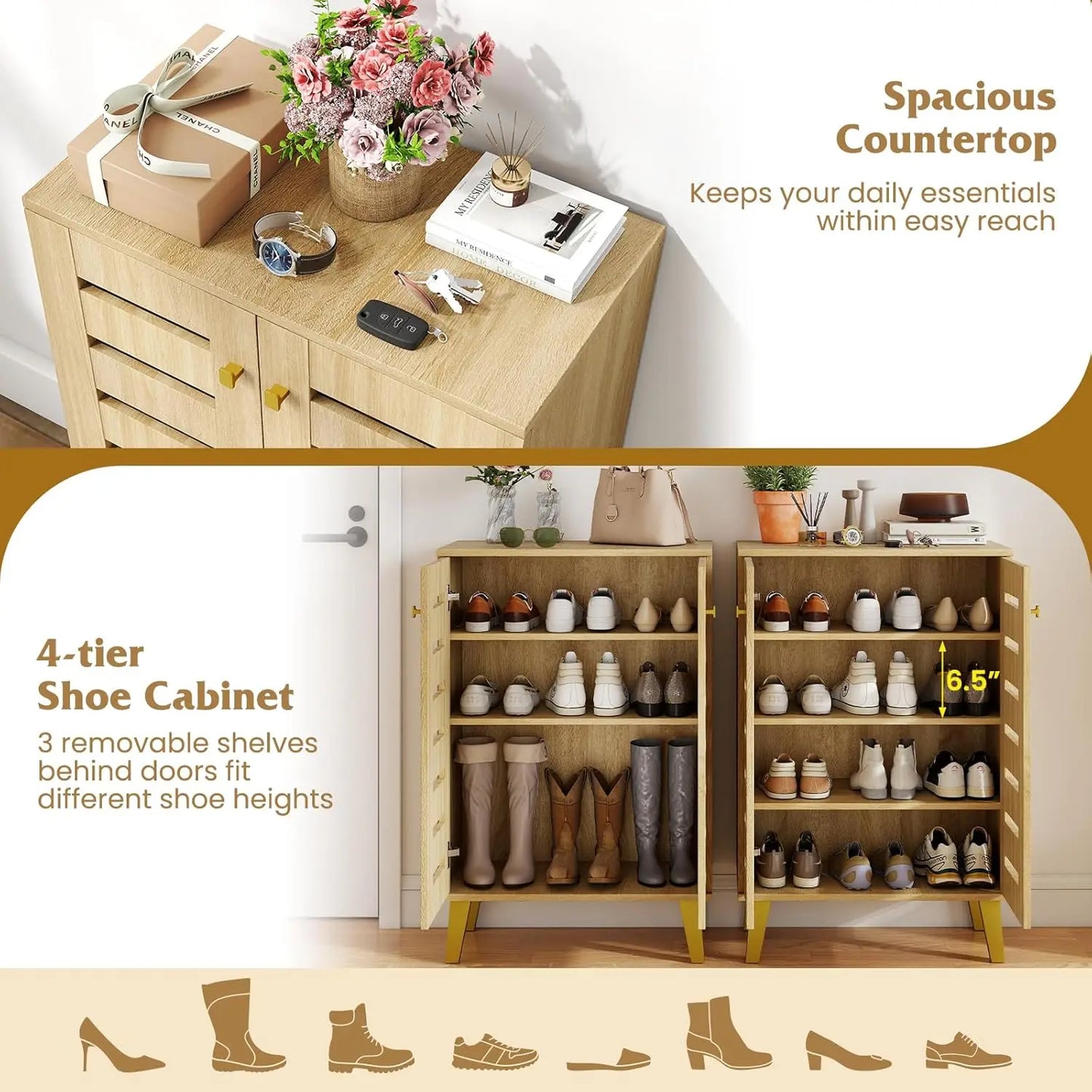 Shoe Cabinet With Doors Freestanding Shoe Rack Ventilated Slatted Shelves