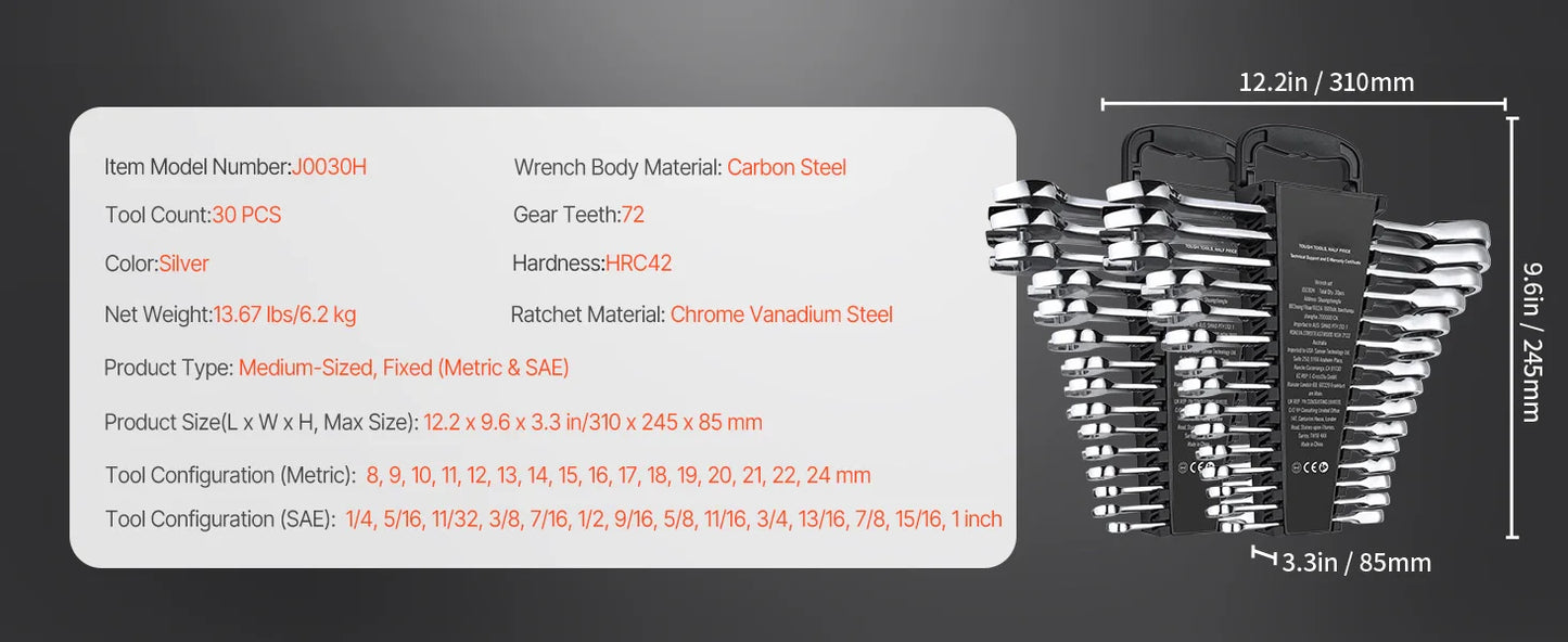 SucceBuy 24/30-Piece Ratcheting Wrench Set With Organizer Cr-V SAE Metric