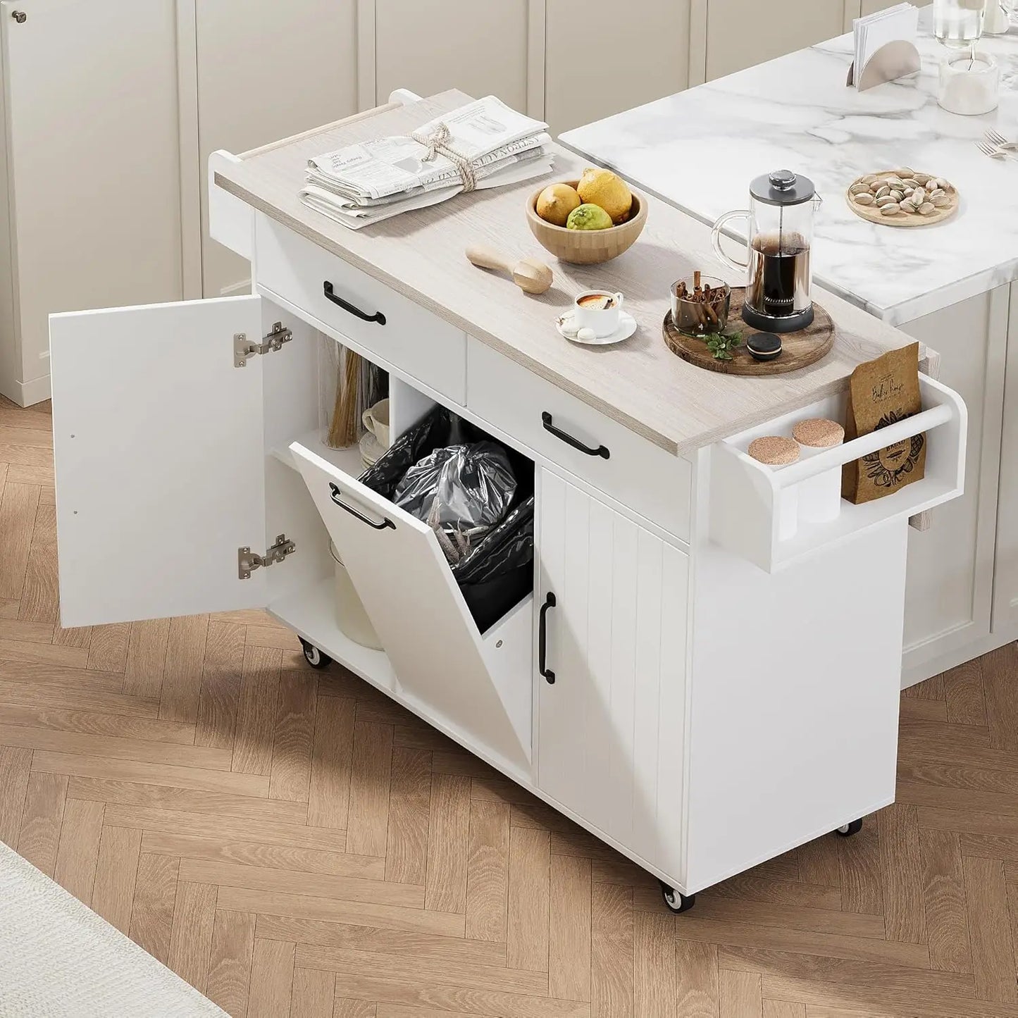 Fluted Rolling Kitchen Island With Power Outlet And Drop Leaf