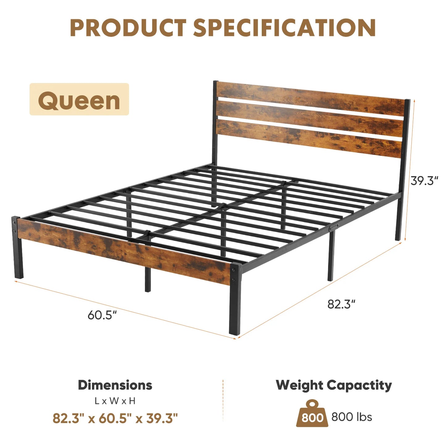 MCQ Wooden Headboard Platform Bed Frame With Metal Slats