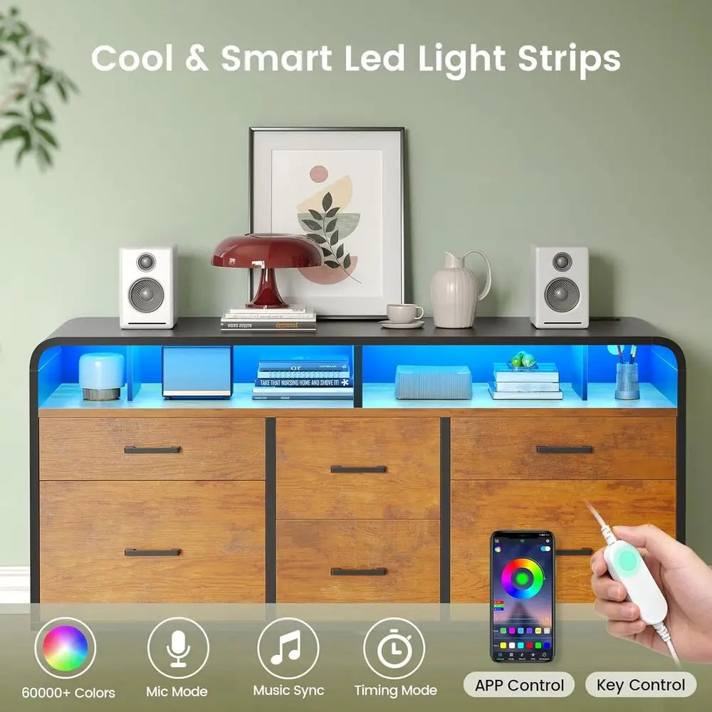 Wood Mobile Lateral File Cabinet With 6 Drawers LED Lighting