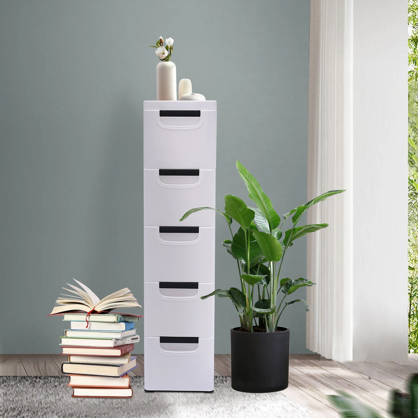 Large Capacity Storage Cabinet with 5 Compartmentalized Design Drawers, Organized Storage Cabinet , Flexible Movement