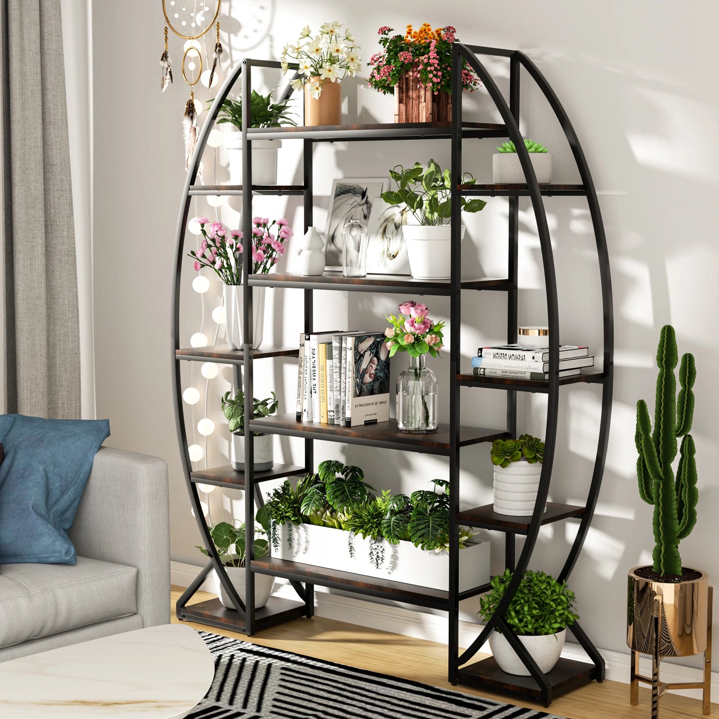 Iron Half Moon Plant Stand Multilayer Bookshelf Industrial Storage Rack
