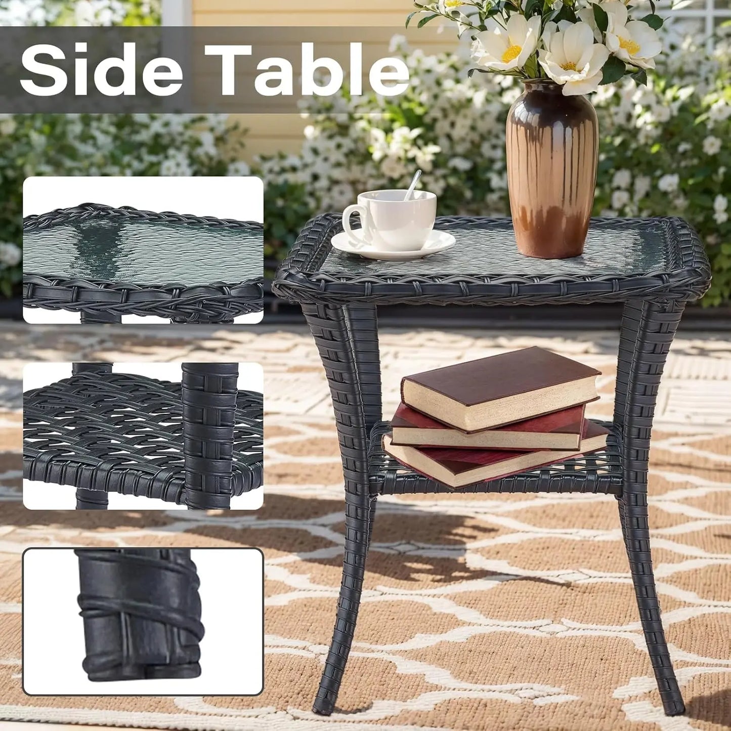 Wooden Outdoor Wicker Patio Swivel Rocker Glider Chairs Set With Side Table