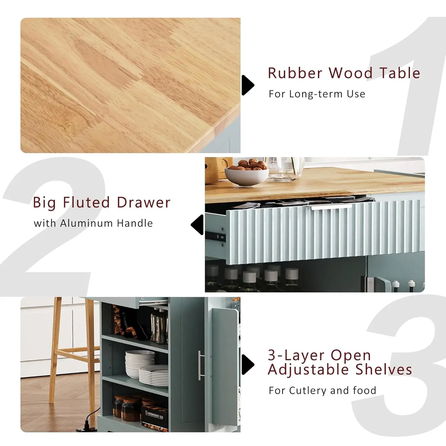 Fluted Rolling Kitchen Island With Power Outlet And Drop Leaf